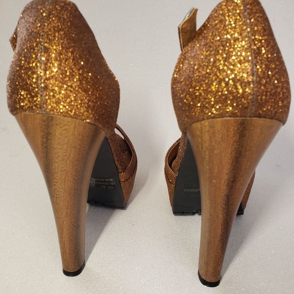 QUPID Sparkle Bronze Peep Toe Platform Thick Stilettos with T-Strap Sz 8.5 - Picture 7 of 10